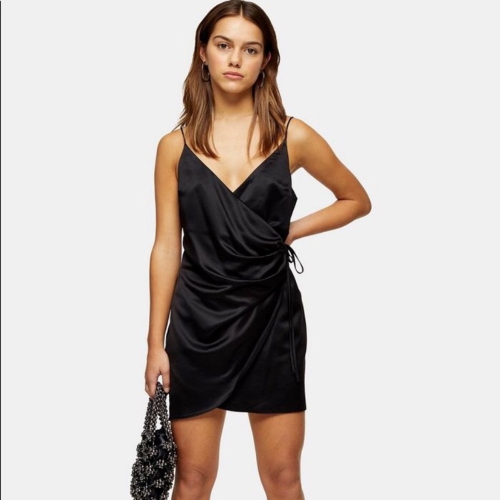 NWT Topshop Black Satin Wrap Mini Slip Dress